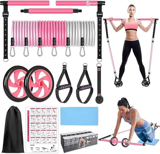 Pilates Bar Kit with Resistance Bands,Ab Roller,2 in 1 Foot Strap & Handle,Door Anchor Pilates Equipment with Resistance Bands, Portable Home Gym Yoga Fitness Bar for Women & Men