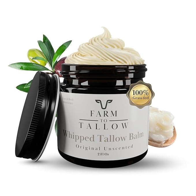 FARM TO TALLOW 100% Grass-Fed Beef Tallow for Skin, Face & Body – Unscented Moisturizer Made with Olive Oil – Gentle & Hydrating Natural Skincare Cream for Dry, Sensitive Skin – 2 Oz