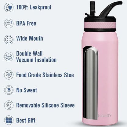 OLDLEY 24 oz Insulated Water Bottle With Straw, Stainless Steel Sports Water Cup Flask with 3 Lids(Straw, Spout and Handle Lid) Double Walled Travel Thermal Canteen Mug,Lavender Mist