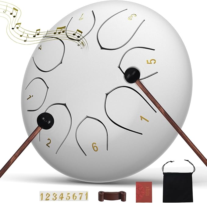Rain Drum for Outside Garden, 6 Inches 8 Notes Steel Tongue Drums, Waterproof Meditation Echo Rain Chime, Musical Instruments for Adult Gift with Bag, Music Book, Mallets (White)
