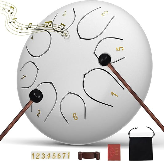 Rain Drum for Outside Garden, 6 Inches 8 Notes Steel Tongue Drums, Waterproof Meditation Echo Rain Chime, Musical Instruments for Adult Gift with Bag, Music Book, Mallets (White)
