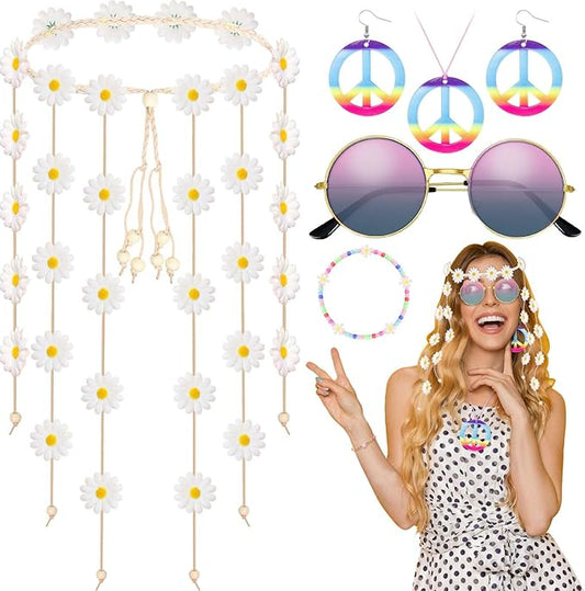 6 Pcs Hippie Costume Accessories Set, Flower Hippie Headband Boho Peace Sign Necklace Earrings Sunglasses Bracelet