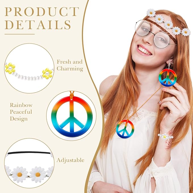 Batiyeer 6 Pcs Hippie Costume Accessories Set, Boho Peace Sign Daisy Flower 60s 70s Party Favors Decor for Groovy Party Women