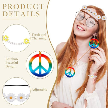 Batiyeer 6 Pcs Hippie Costume Accessories Set, Boho Peace Sign Daisy Flower 60s 70s Party Favors Decor for Groovy Party Women
