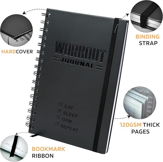 Hardcover Fitness Planner Workout Journal for Men & Women - A5 Sturdy Fitness Log Book to Track Gym & Home Workouts - Separately Packaged 2 Pieces