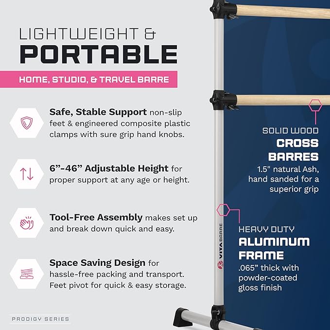 VITA Barre Portable Freestanding Double Ballet Barre, Prodigy, Wood | Adjustable Height, USA Made, Home or Gym Exercise Equipment for Kids & Adults | Dance, Fitness, Pilates