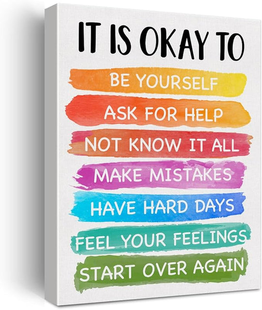 Motivational Classroom Wall Art It's Okay to Not be Okay Poster Print Canvas Wall Decor for Homeschool Playroom School 12x15 Inch Framed