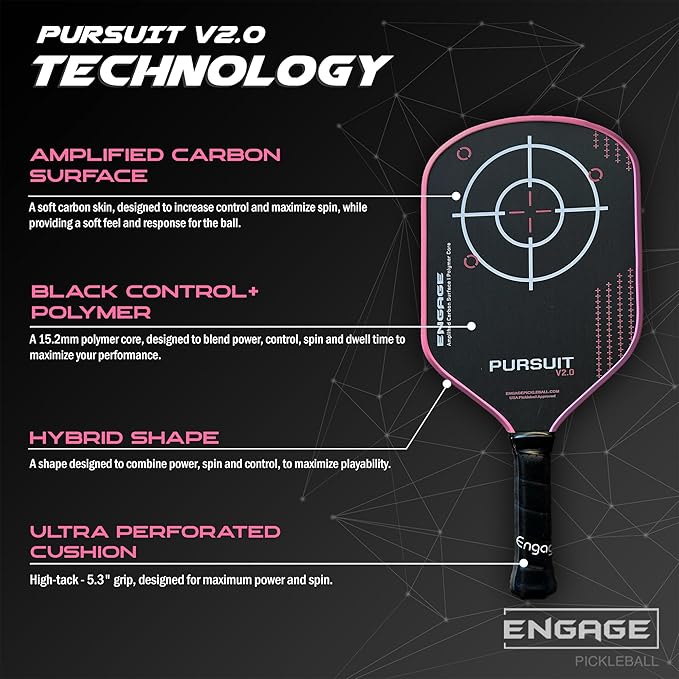 Engage Pursuit V2.0 Pickleball Paddle - Amplified Carbon Surface for Superior Control & Spin with Response+ Polymer Core, USAPA Approved - Designed for Players of Any Skill Level