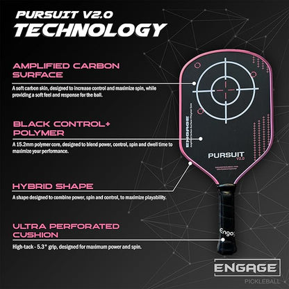 Engage Pursuit V2.0 Pickleball Paddle - Amplified Carbon Surface for Superior Control & Spin with Response+ Polymer Core, USAPA Approved - Designed for Players of Any Skill Level