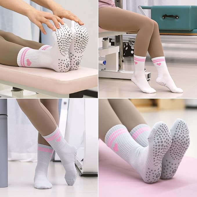 Toes Home Pilates Socks for Women with Non Slip Grippers, Yoga Crew Socks for Barre Hospital Sticky Slipper Socks 4 Pairs