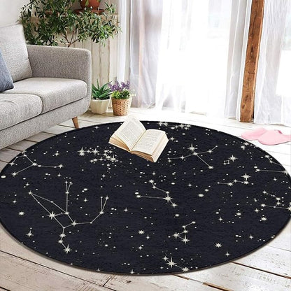 Large Home Decor Mat, Soft Round Yoga Carpet, Non-Slip Machine Washable Kitchen Office Circle Rug Compatible with Zodiac Constellation Galaxy Black Starry Night Stars Glow Dark Midnight