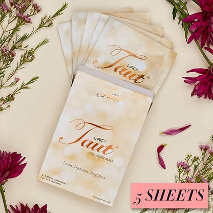 TAUT Collagen Face Mask – 5 Sheet Pack with Hyaluronic Acid, Marine Collagen & Vitamin C – Hydrating, Anti-Aging Sheet Mask for Firm, Glowing Skin – Korean Skincare Inspired