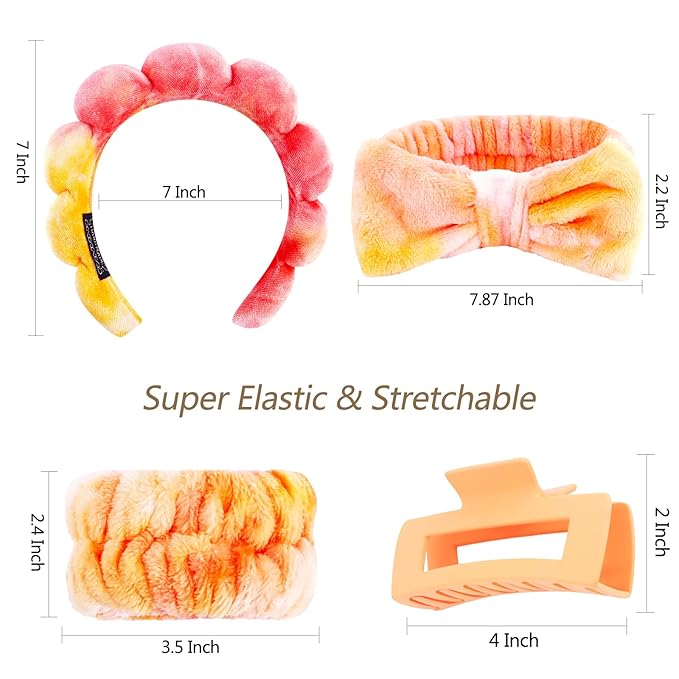 VELSCRUN Spa Headband, Makeup Face Wash Skincare Headbands, 5 Pcs Orange Sponge Bow Tie Get Ready HairBand Facial Wristband Hair Clips Set, Stuff for Teen Girls Women Trendy Hair Accessories
