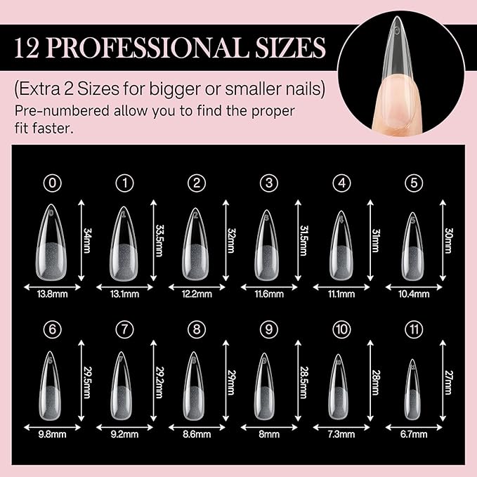 Long Amond Nail Tips: 504pcs Stiletto Gel Nails Tips Half Matte Full Cover Clear False Fake Nails for DIY Nail Art Press On Nails Acrylic Extensions 12 Sizes