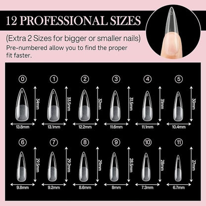 Long Amond Nail Tips: 504pcs Stiletto Gel Nails Tips Half Matte Full Cover Clear False Fake Nails for DIY Nail Art Press On Nails Acrylic Extensions 12 Sizes