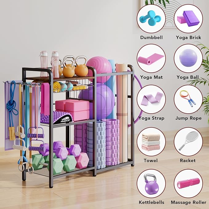 Weight Rack for Home Gym - Exercise Equipment Storage Organizer for Yoga Mat Dumbbells Kettlebells Foam Roller Yoga Strap & Resistance Bands, Ideal Yoga Mat Holder & Workout Equipment Organizer