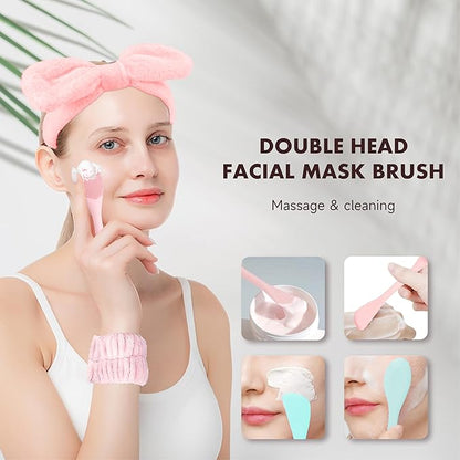Facial Cleansing Brush, 2 in 1 Silicone Face Mask Brush & Face Scrubber, Face Wash Headband and Wristband Set，5 Pieces (Green&Pink+Pink)