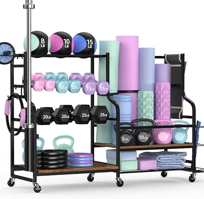 Mythinglogic Dumbbell Rack for Home Gym, Weight Rack for Dumbbells, Multifunctional Yoga Mat Holder for Barbell plates and Kettlebells, Home Gym Storage Rack with Casters