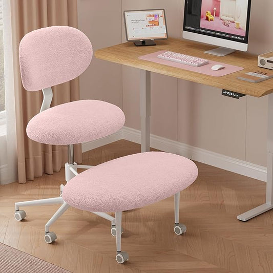 Ergonomic Cross Legged Office Chair with Wheels, ADHD Chair for Adults, Meditation Chair, Yoga Office Chair, Comfortable Back Support, Height Adjustable,Small Spaces, Teddy Fabric, Pink