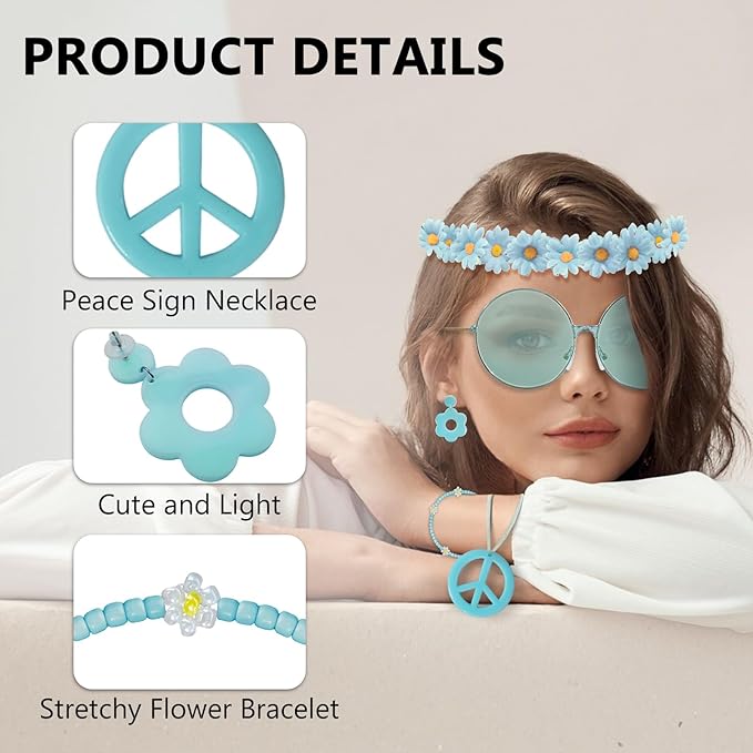 Hippie Costume Accessories Set Peace Sign Necklace Sunglasses Flower Headband Earrings for 60s 70s Outfit Party Women
