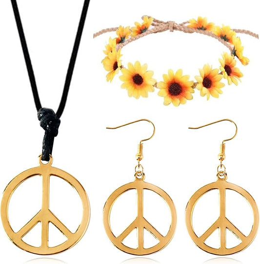 choice of all Peace Sign Necklace Earrings Sunflower Headband Set for Women 60s 70s Outfits Hip Hop Hippie Jewelry Halloween Costume Accessories