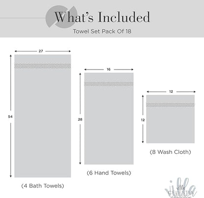 100% Cotton Bath Towel Set of 18-4 Bath Towels, 6 Hand Towels, 8 Wash Cloths, Sustainable, Soft, Highly Absorbent, Combed Cotton 18 Piece Set for Hotels, Spa, Bathroom, Dorm, Grey