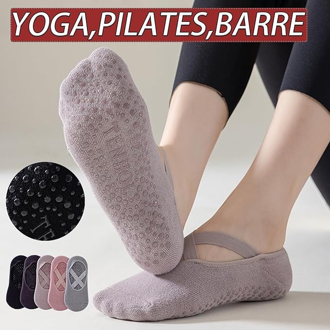 CHUNFO Grip Socks Womens Pilates Yoga Barre Non Slip Stripes Cotton Ankle Anti-Skid Sock Size 5-10