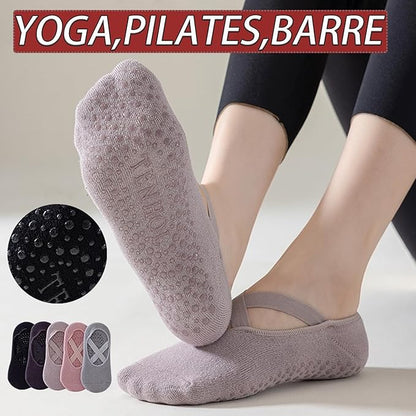 CHUNFO Grip Socks Womens Pilates Yoga Barre Non Slip Stripes Cotton Ankle Anti-Skid Sock Size 5-10