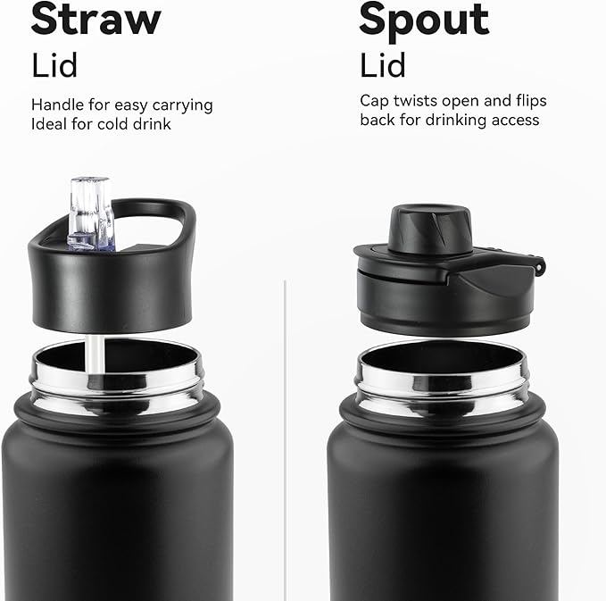 24oz Insulated Water Bottle with Straw Lid, Stainless Steel Metal Water Bottle with Straw & Wide Mouth Lid, Double Wall Vacuum Water Bottle for Hiking Camping, Black 1 Pack