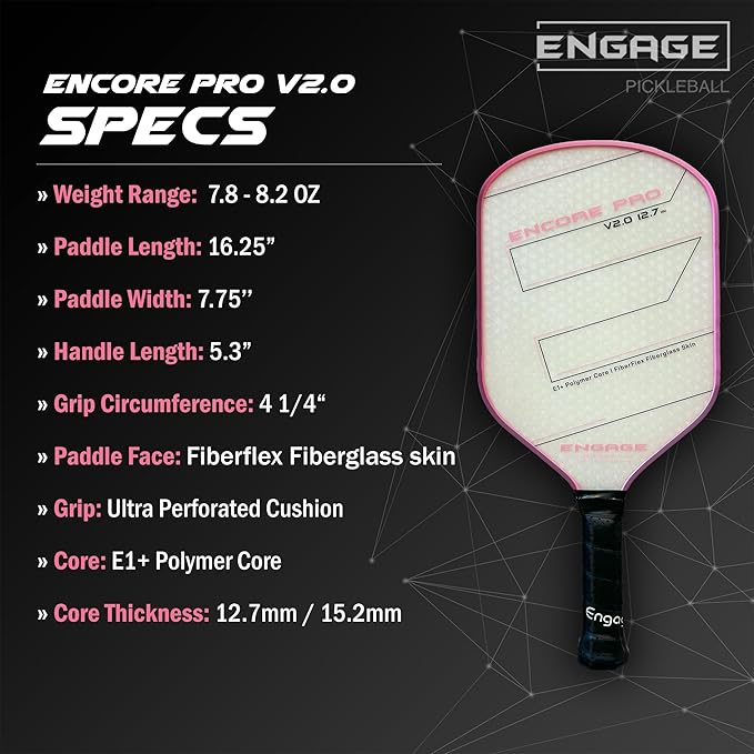 Engage Encore Pro V2.0 Pickleball Paddle – FiberFlex Fiberglass Face for Power & Spin, Available in Two Core Options (12.7mm for Power, 15.2mm for Control), Versatile Hybrid Shape