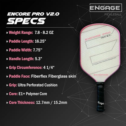 Engage Encore Pro V2.0 Pickleball Paddle – FiberFlex Fiberglass Face for Power & Spin, Available in Two Core Options (12.7mm for Power, 15.2mm for Control), Versatile Hybrid Shape