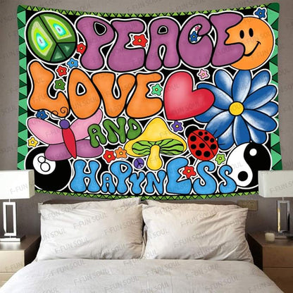 F-FUN SOUL Peace Love and Happiness Groovy 80x60in Soft Flannel Tapestry, 70s Theme Party Wall Hanging for Bedroom Living Room Decor GTZYFS194