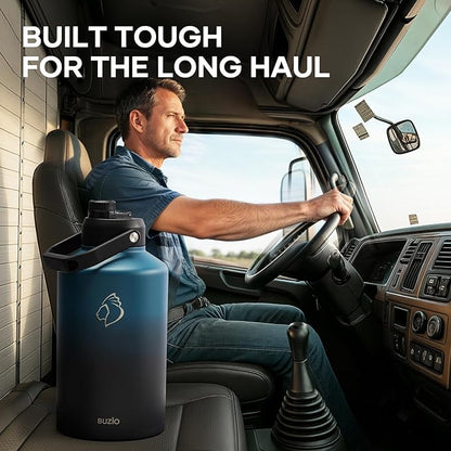 BUZIO 1.5 Gallon Water Bottle Insulated, (Cold for 48 Hrs) 196oz Large Water Jug Stainless Steel, 3.58in Big Wide Mouth Leak Proof Metal Flask with Carrying Sleeve for Camping,Gym,Travel,Indigo Crush
