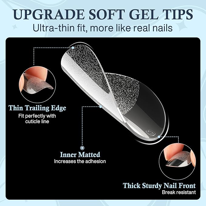 Extra Short Almond Fake Nails, 504pcs Soft Gel Pre-Shaped Acrylic Nail Tips, Half Matte Full Cover Clear Gelly Press on Flase Nail Tips for Extension Nail Manicure Home DIY 12 Sizes