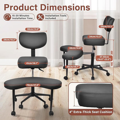 Meditation Chair, Cross Legged ADHD Office Chair for Adults with Wheels Ergonomic Back Support and Leg Rest for Multi Position Criss Cross Sitting Kneeling and Yoga Height Adjustable, Leather Style
