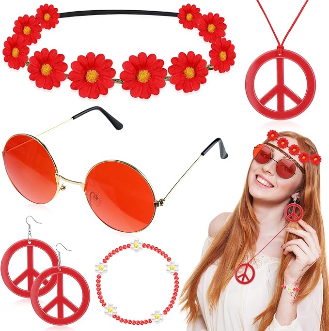 Batiyeer 6 Pcs Hippie Costume Accessories Set, Boho Peace Sign Daisy Flower 60s 70s Party Favors Decor for Groovy Party Women