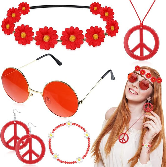 Batiyeer 6 Pcs Hippie Costume Accessories Set, Boho Peace Sign Daisy Flower 60s 70s Party Favors Decor for Groovy Party Women