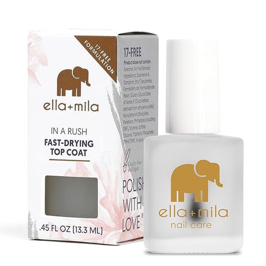 ella+mila In a Rush Fast - Dry Top Coat Nail Polish with High Glossy Shine. This clear nail polish features a UV inhibitor to resist yellowing and comes in a 0.45 fl oz bottle