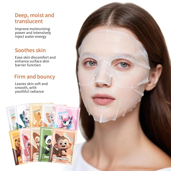 10PCS Animal Face Masks Skincare Face Masks Spa Masks - Natural Ingredients Moisturizing and Protecting Delicate Skin for Winter