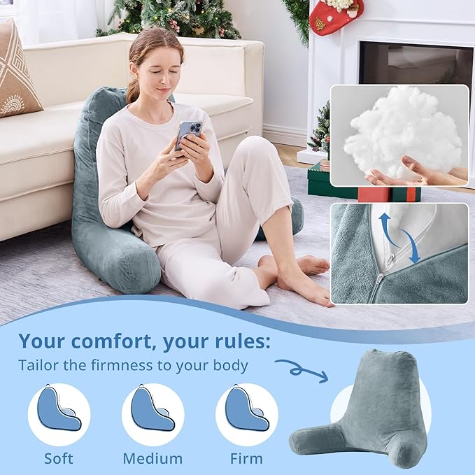 Sasttie 25-inch Reading Pillows for Sitting in Bed Adult, Jumbo Velvet Back Pillow Bed Sitting Up, XL High Back-Rest Support Cushion for Sit Up on Couch & Floor, Oeko-Tex Certified, Bluish Grey
