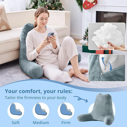 Sasttie 25-inch Reading Pillows for Sitting in Bed Adult, Jumbo Velvet Back Pillow Bed Sitting Up, XL High Back-Rest Support Cushion for Sit Up on Couch & Floor, Oeko-Tex Certified, Bluish Grey