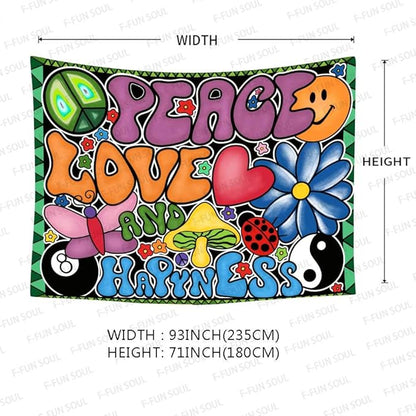 F-FUN SOUL Peace Love and Happiness Tapestry, 93x71inches, Mushroom Psychedelic Tapestries 70s Theme Tapestry Wall Hanging for Bedroom Living Room Decor GTZYFS956