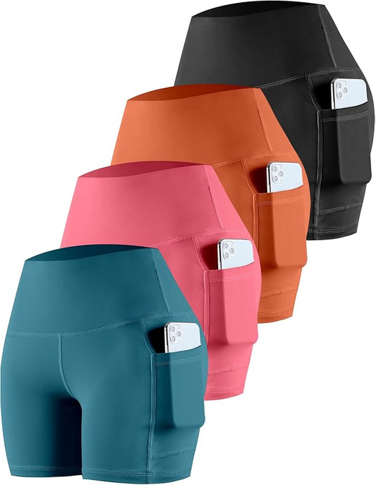 CHRLEISURE Womens Biker Yoga Shorts with Pockets: High Waisted Tummy Control Spandex Workout Athletic Gym Shorts 4 Packs