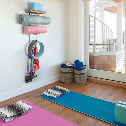 VINAEMO Yoga Mat Holder Accessories Wall Mount Organizer Storage Decor Foam Roller and Towel Storage Rack with 4 Hooks and Wooden Shelves Yoga Mats Rack Resistance Bands for Home Gym School Office
