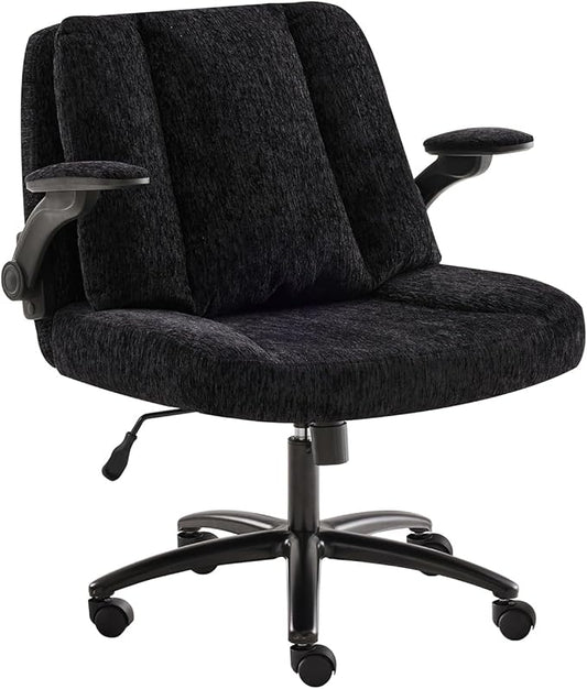 Criss Cross Chair with Arms, Plus Size Cross Legged Desk Chair with Flexible Back Cushion, Adjustable Arm Rest, Extra Wide Seat, 350lbs Fabric Home Office Chair with Castors and Bell Glides, Black