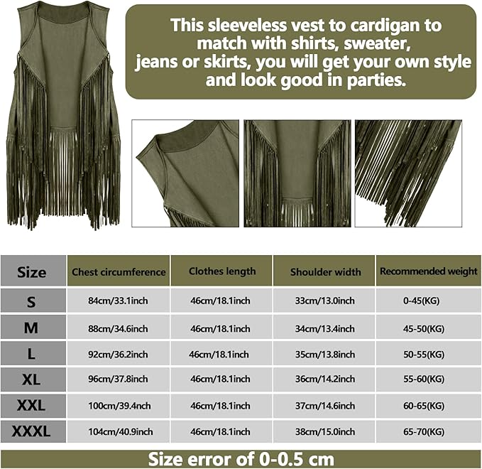 6 Pcs 60s 70s Outfits for Women Hippie Costume Set Peace Sign Earring Headband Fringe Vest Tassel Cardigan