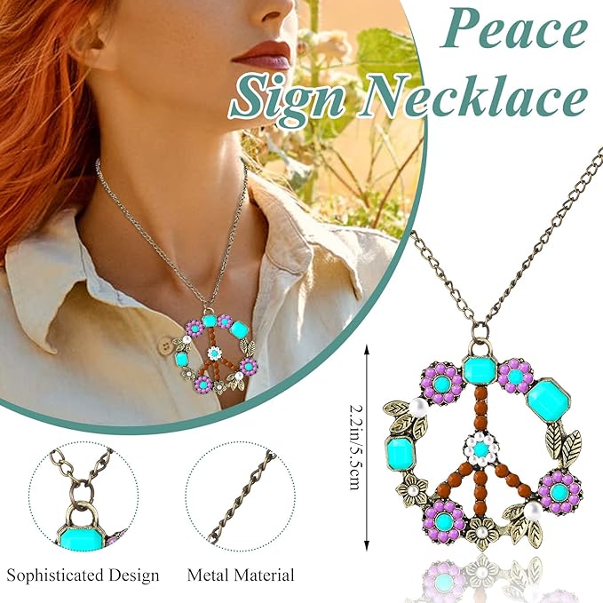 WILLBOND 60s 70s Accessories for Women Hippie Costume Accessories Peace Sign Necklace Headband Hair Wreath Sunglasses