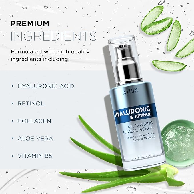 Azure Dermatologist Tested Hyaluronic & Retinol Face Serum - K Beauty Anti-Aging Formula for Dark Spots & Wrinkle Care - Korean Skincare, Moisturizing Complex for Glowing Skin - 1.69 fl oz