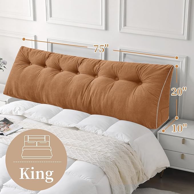 Sasttie Headboard Pillow King, Wedge Pillow Headboard for Sitting Up in Bed, Back-Rest Support Triangular Cushion for Reading - Features Removable Washable Cover, Caramel