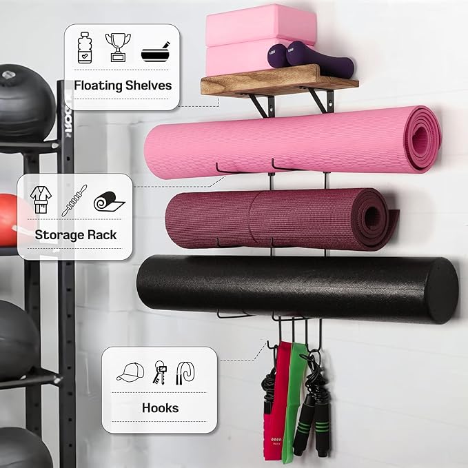 2 PACK Yoga Mat Holder Wall Mount Yoga Mat Storage Shelf Rack Home Gym Accessories with Wood Floating Shelves and 4 Hooks for Hanging Foam Roller and Resistance Bands Home Gym Carbonized Black